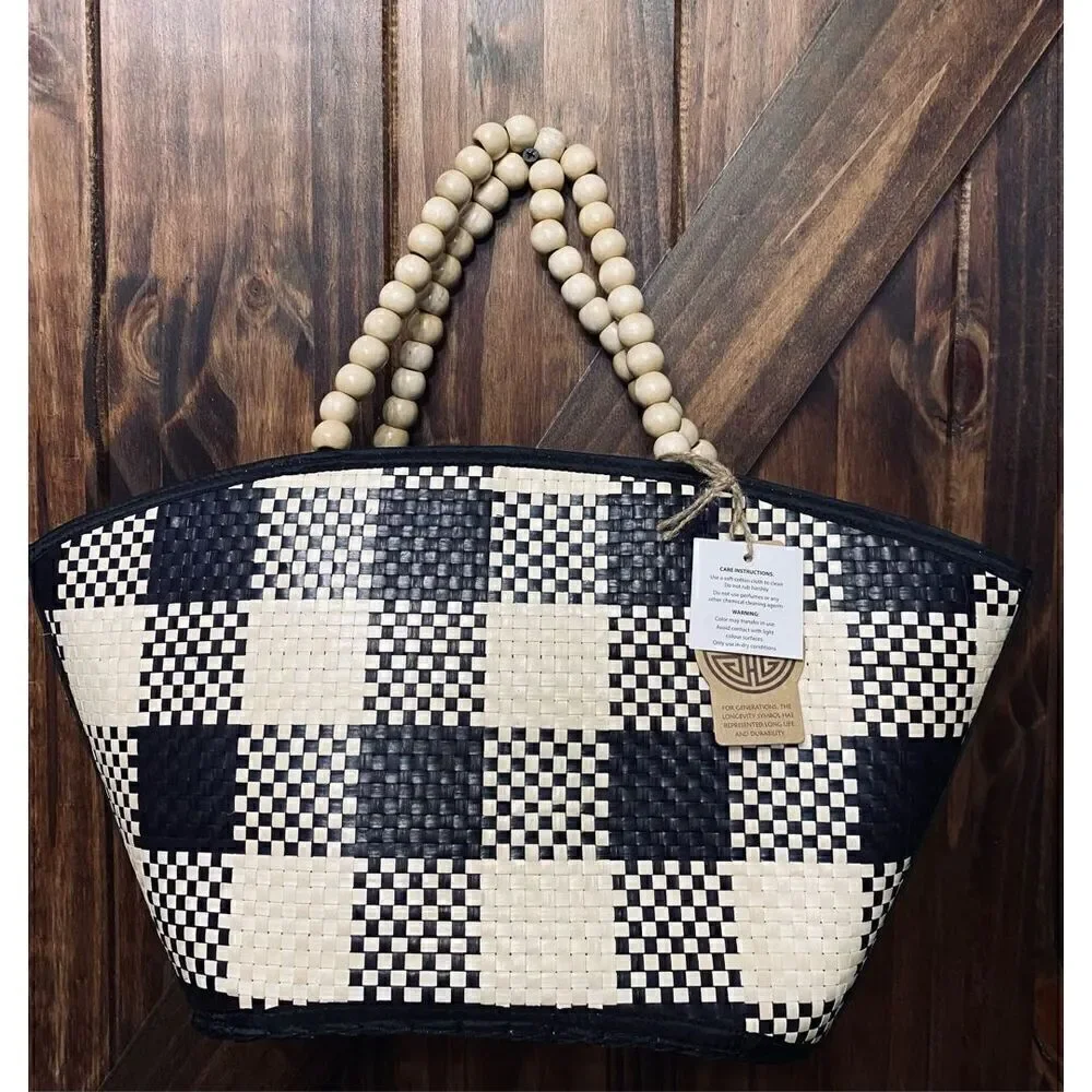 Checkered Beach Shop Tote Purse Bag with Beaded Handles Cream Black Checkered #1